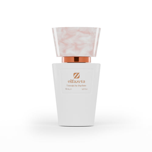 White perfume bottle with marble cap on a white background